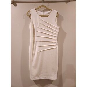 Calvin Klein Women Cream Sleeveless Sheath Dress Knee Length Size 12 Pleated
